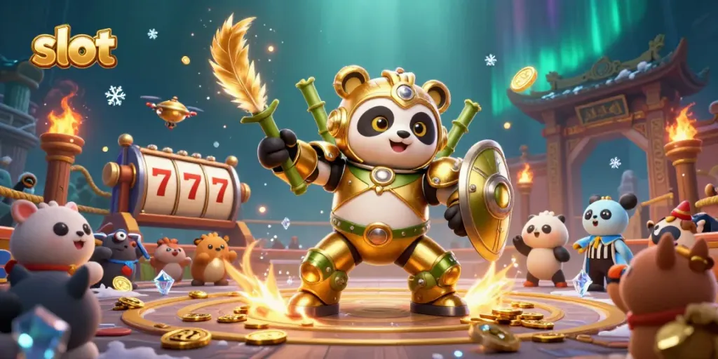 Engaging illustration of a panda in a mech-suit amidst vibrant slot elements, showcasing excitement in gambling.