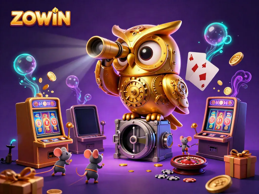 Join the fun with ZOWIN as the golden owl oversees an engaging casino scene filled with action