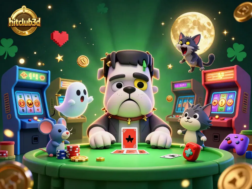 Engage with hitclub3d as a Frankenstein bulldog card dealer in an ultra-detailed 3D casino illustration.