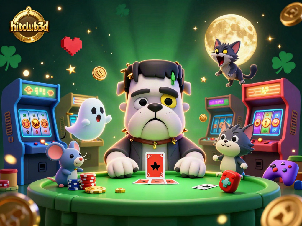 Engage with hitclub3d as a Frankenstein bulldog card dealer in an ultra-detailed 3D casino illustration.