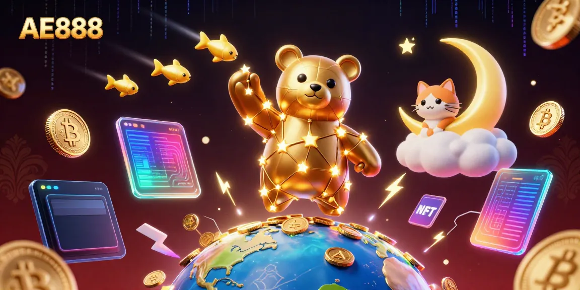 Spin and win with AE888, showcasing a colorful casino adventure with coins and crypto elements.