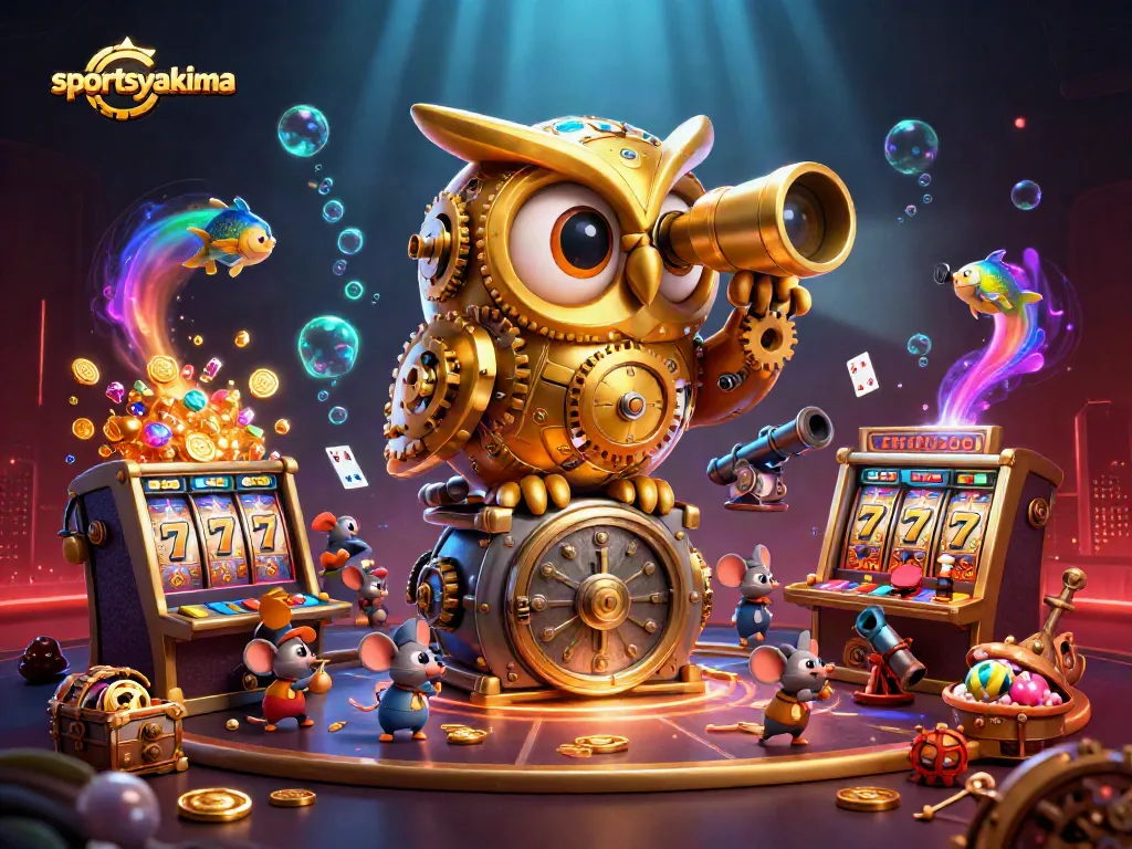 Experience the excitement of sportsyakima as a golden owl surveys a bustling casino scene with vibrant slot elements.