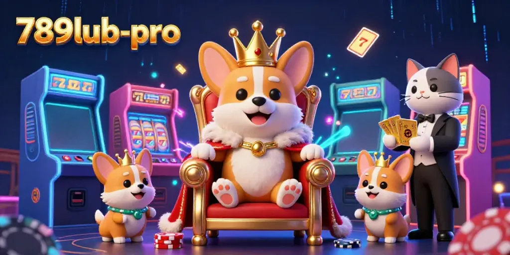 Play and win big with 789lub-pro in this vibrant 3D casino scene featuring a royal corgi.