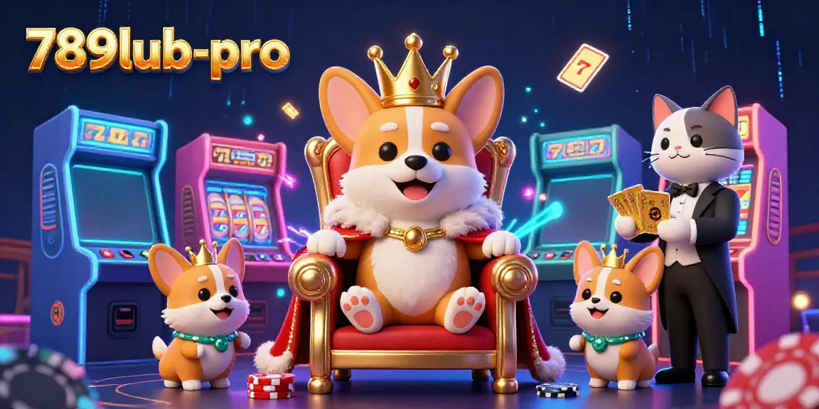 Play and win big with 789lub-pro in this vibrant 3D casino scene featuring a royal corgi.