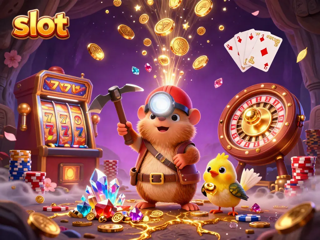 Experience thrilling slot action with golden coins, a treasure hunter mole, and sparkling gems in a vibrant casino scene.