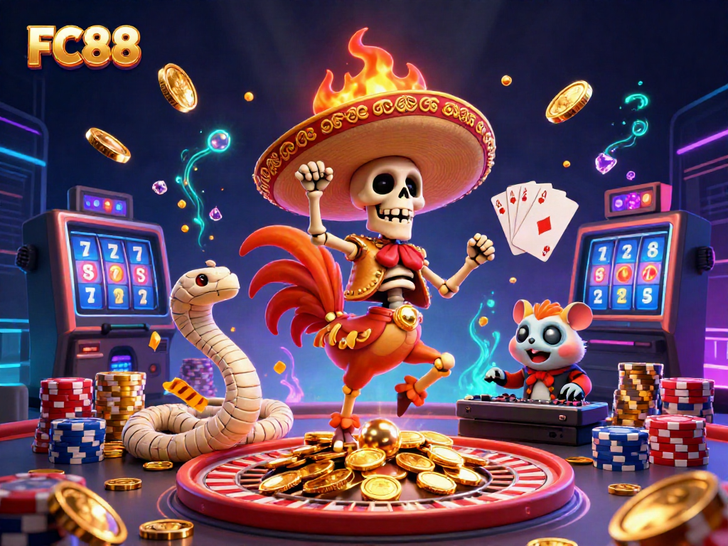 Experience the excitement of FC88 with a dynamic 3D casino illustration featuring vibrant characters and game elements.