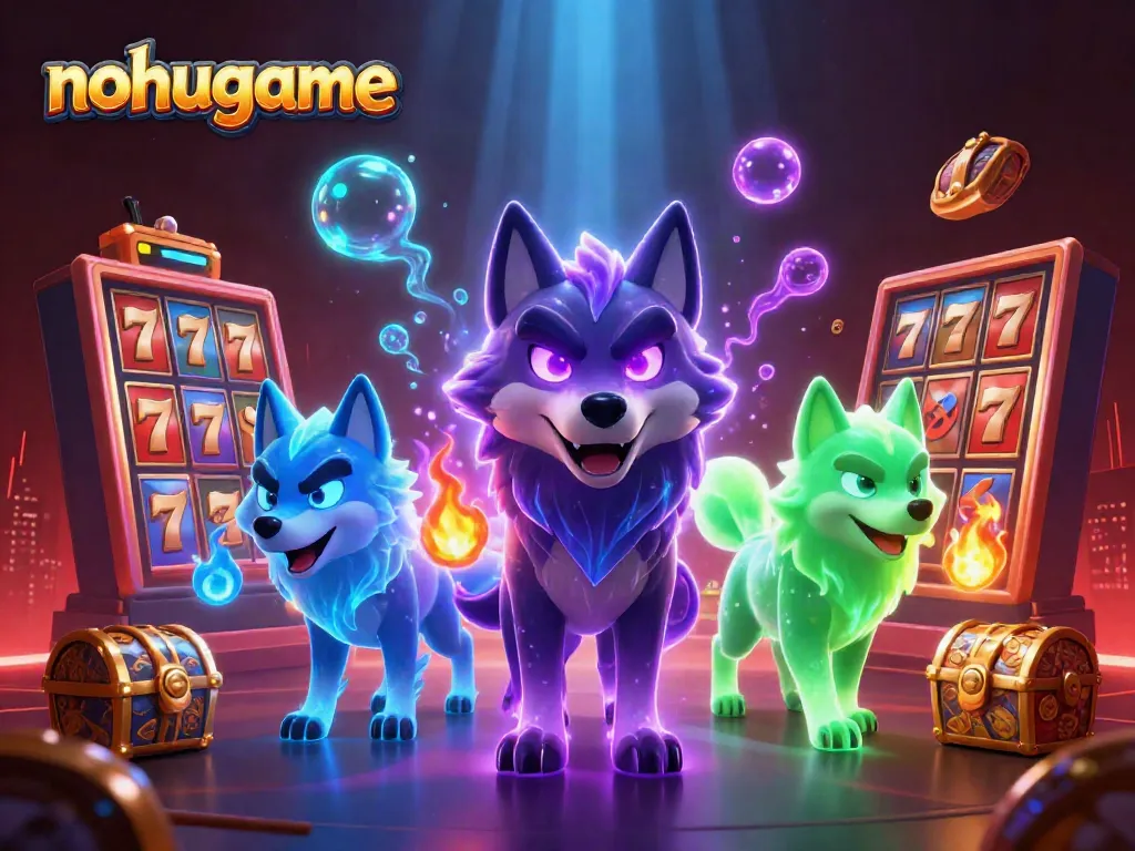 Experience the thrill of winning at nohugame with a dynamic illustration of enchanted wolves amidst vibrant casino elements.