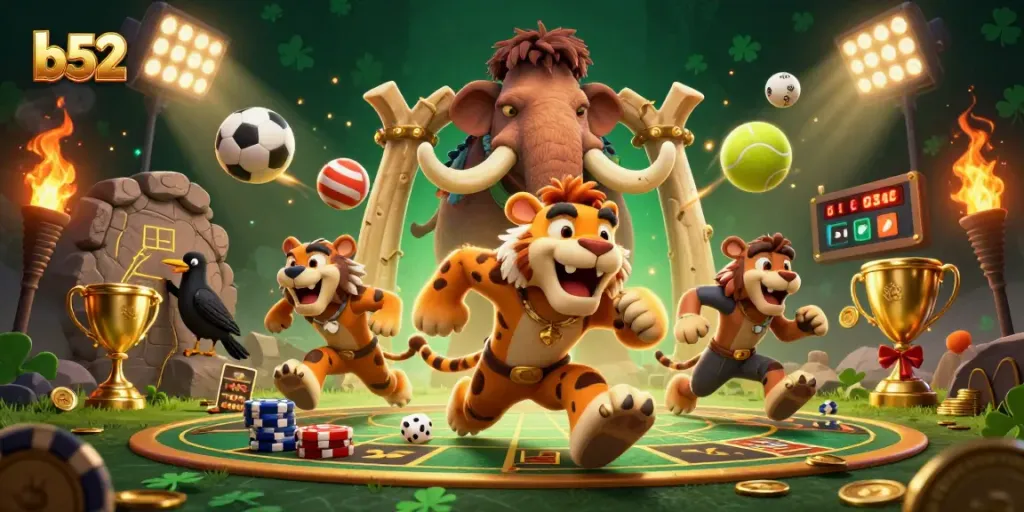 Win big at b52 with a lively casino scene featuring vibrant characters, sports elements, and rich details.
