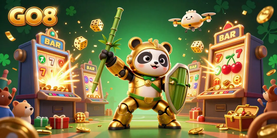 Experience GO8's thrilling casino games as the mech-suit panda celebrates a jackpot win amid vibrant casino elements.