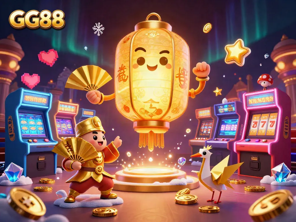 Experience passionate gaming thrills at GG88 with a golden lantern spirit above vibrant casino action