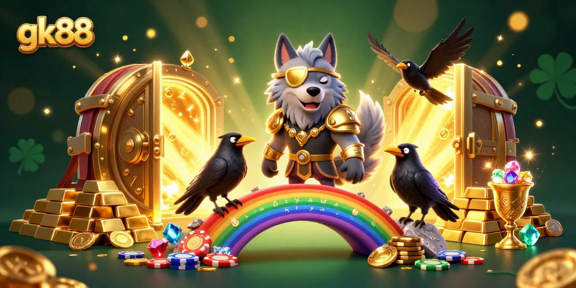 Engage with gk88's vibrant casino world featuring Odin with raven companions and treasure elements.