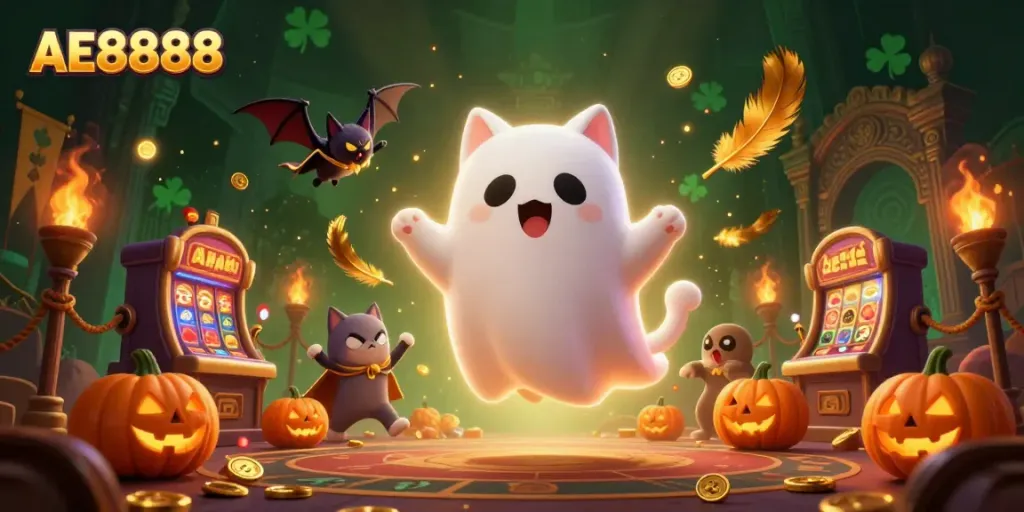 Experience the thrilling essence of AE8888 as a ghost cat and bat play in a haunted casino scene.