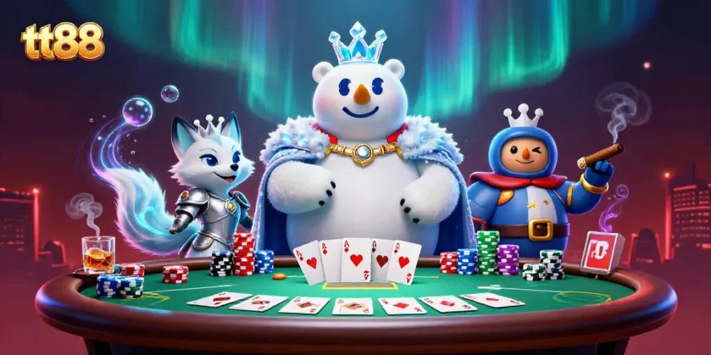 Engage with tt88 casino excitement through a vibrant poker scene featuring a royal ice king and a snow fox.