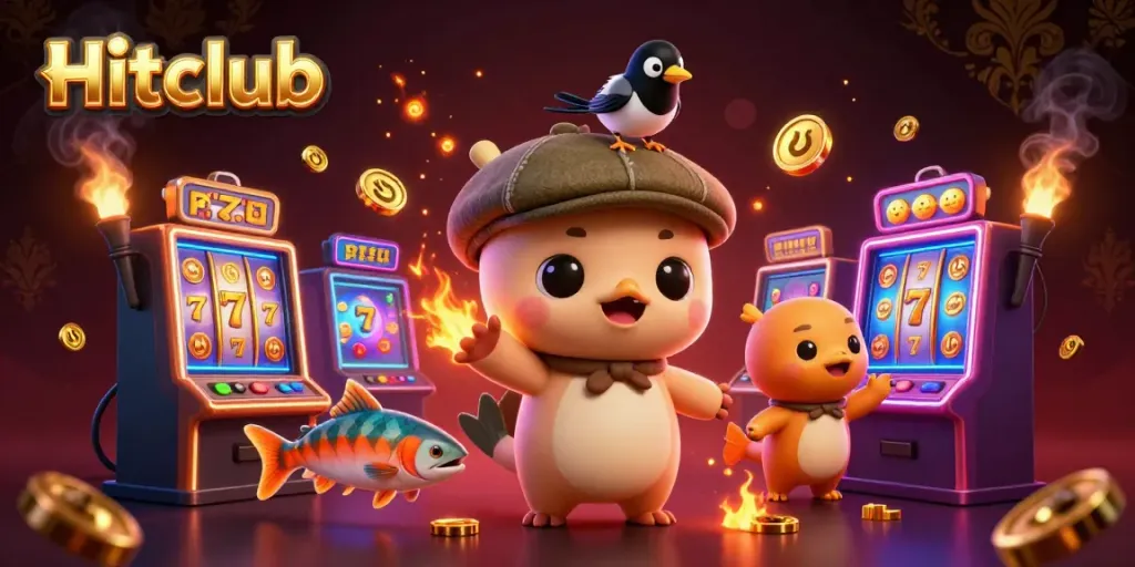 Hitclub showcases a colorful 3D cartoon scene with Nessie and a magpie amidst vibrant slot machines and gold