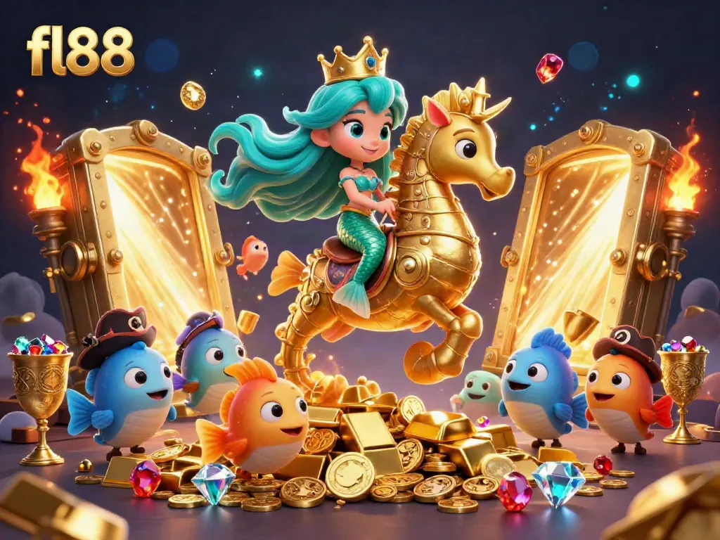 Experience high-stakes gaming with fl88's immersive casino world, featuring a vibrant mermaid and seahorse amidst treasure.