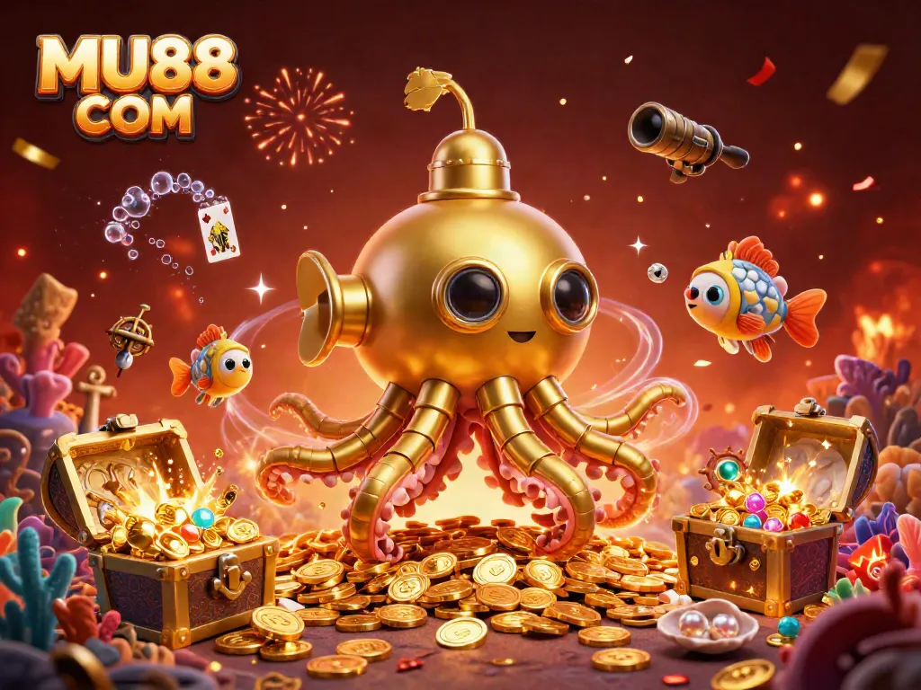 Engage with thrilling games at MU88 COM, featuring a golden kraken submarine amidst exploding treasure.