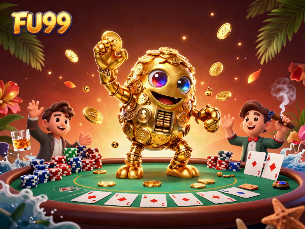 Win big at FU99 with this vibrant illustration featuring a golden golem, poker elements, and casino atmosphere.