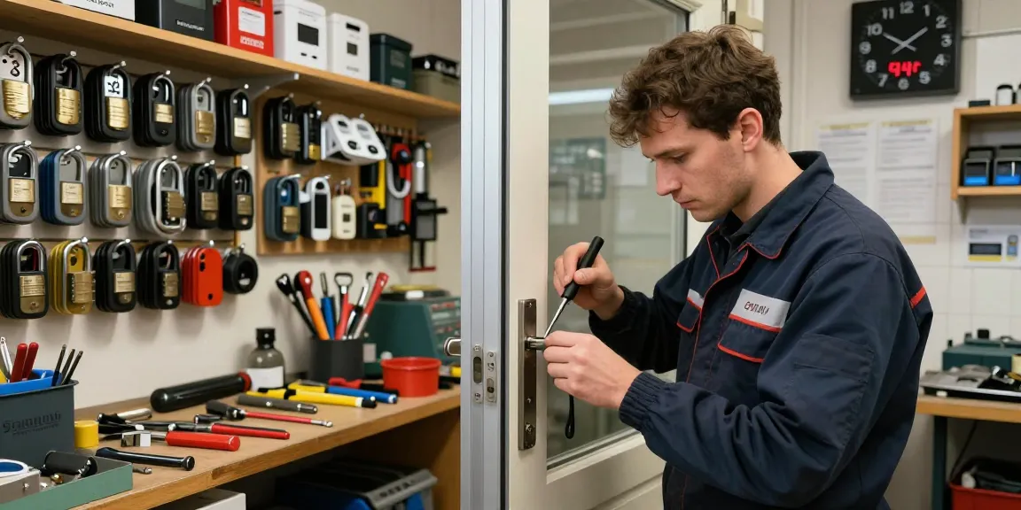 Slotenmaker Arnhem repareert een deurslot met gereedschap in goed verlichte werkplaats, benadrukt de 24/7 service.