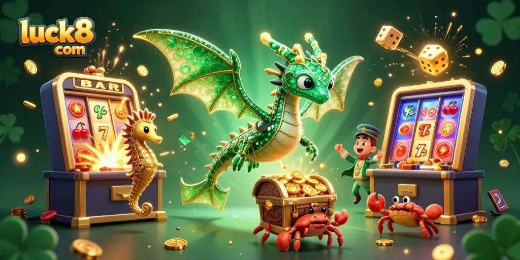 Experience thrilling casino action with luck8 com's vibrant 3D illustration featuring treasure and games.