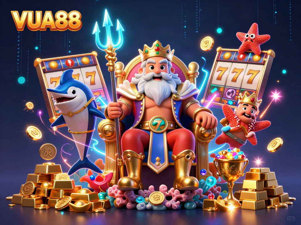 Win big with VUA88 at this vibrant 3D casino illustration showcasing Neptune and treasure elements.