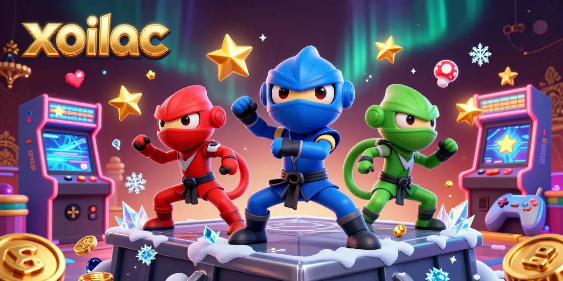Experience vibrant gaming action with xoilac's ninja chameleon team amidst glowing 3D games and casino elements.