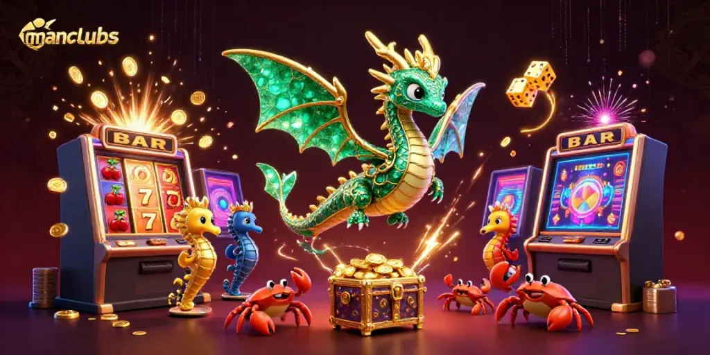 Experience thrilling jackpots with manclubs' vibrant sea-themed casino illustration featuring dragons and treasure.