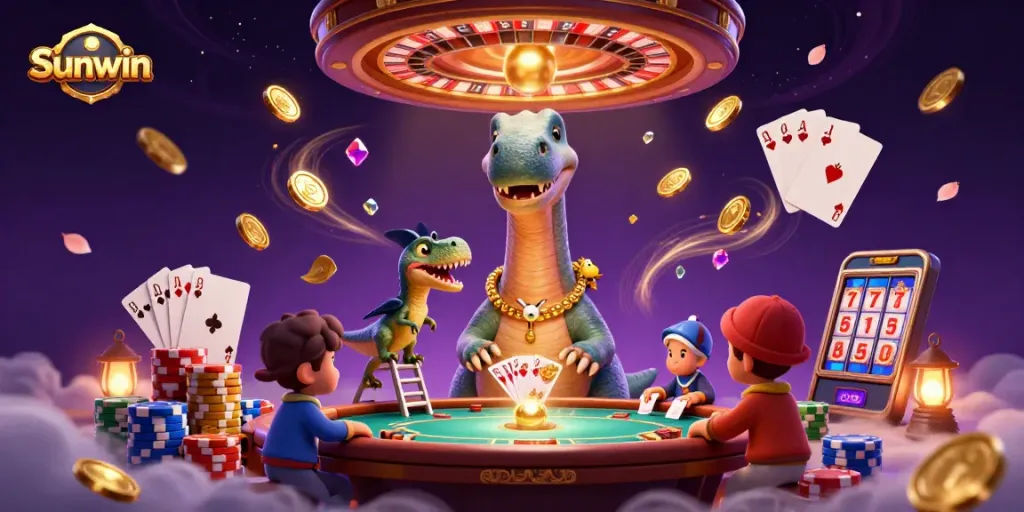 Experience thrilling wins at Sunwin with a vibrant casino scene featuring captivating characters and dynamic game elements.