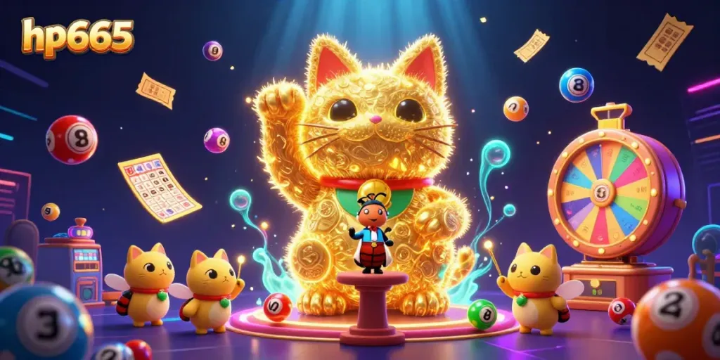 Engage with the vibrant energy of hp665 in a dynamic gambling scene, featuring golden fireflies and casino symbols.