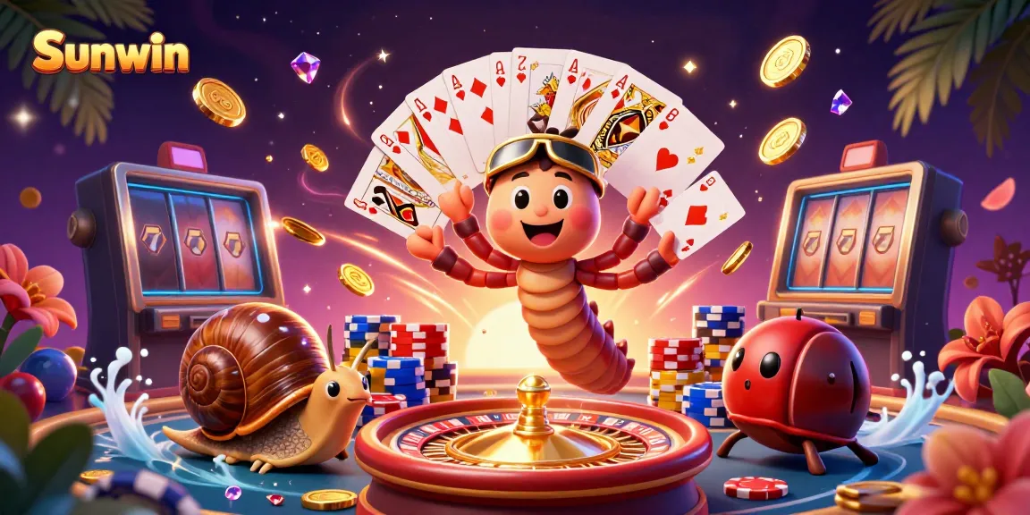 Experience the thrilling energy of Sunwin as cartoon characters engage in exciting casino gameplay surrounded by vibrant gems and coins.