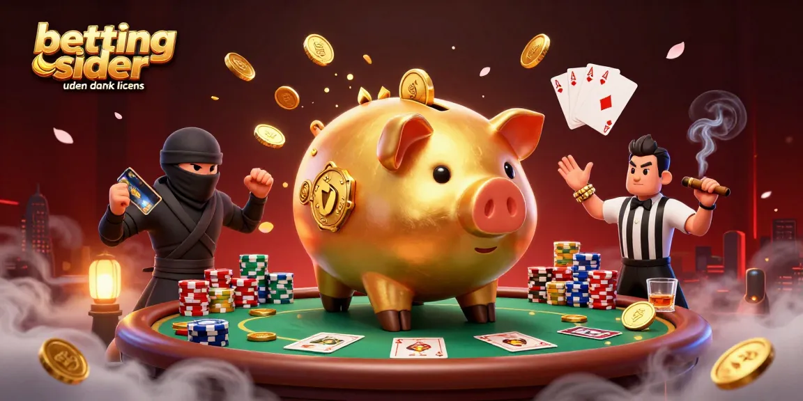 Engaging illustration of betting sider uden dansk licens featuring a victorious golden piggy bank wrestler amidst dynamic casino games.