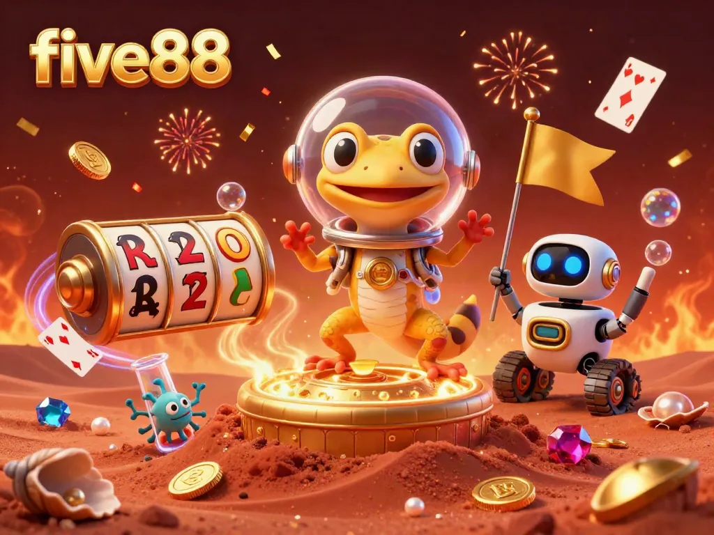Experience five88's thrilling casino adventures with the Martian gecko and golden treasures in this vivid illustration.