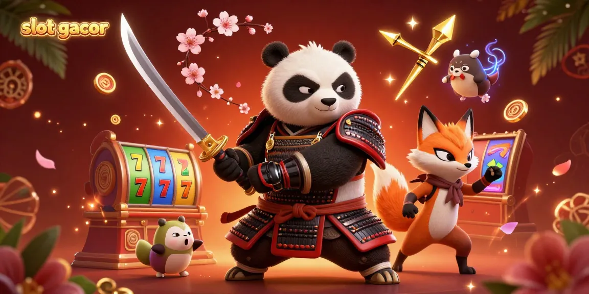 Experience thrilling gameplay with "slot gacor" as a fierce panda samurai and ninja fox navigate a vibrant slot machine world.