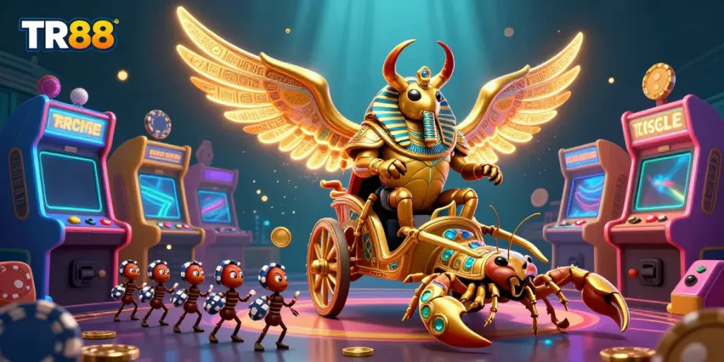 Engage in TR88's vibrant gaming experience with colorful characters in a dynamic casino scene.