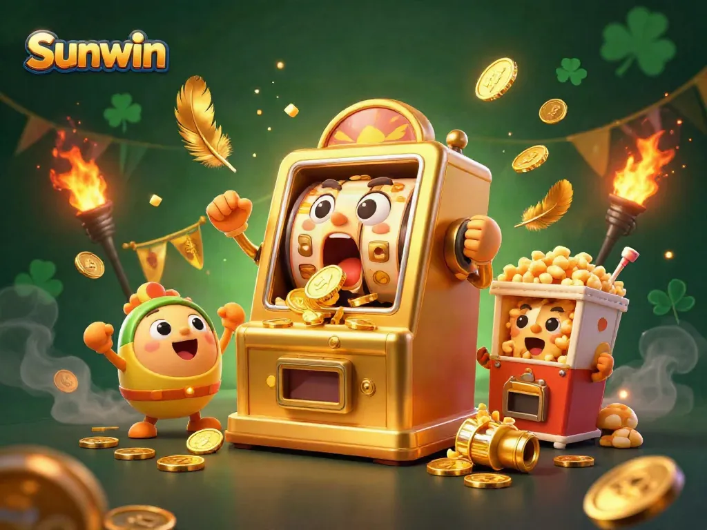 Experience winning excitement with Sunwin's golden slot machine hitting the jackpot amidst swirling riches.