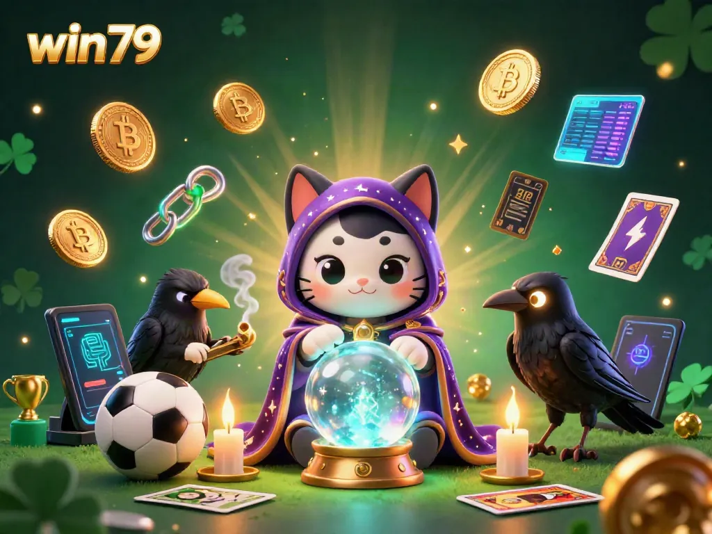 Win79 sports betting scene showcasing mystical characters and vibrant crypto elements in a fantastical setting.