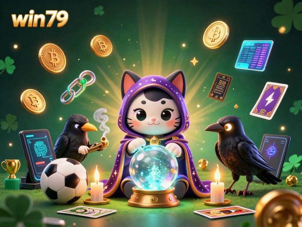 Win79 sports betting scene showcasing mystical characters and vibrant crypto elements in a fantastical setting.