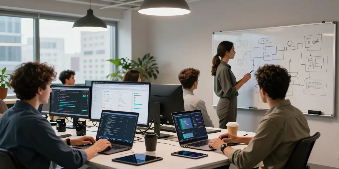 Build internal tools with AI in a collaborative tech workspace, showcasing team dynamics and innovative development.