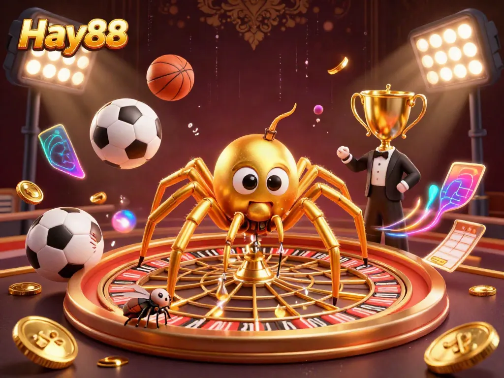 Engage in thrilling gameplay at Hay88 with a dynamic roulette scene featuring a golden spider and animated elements.