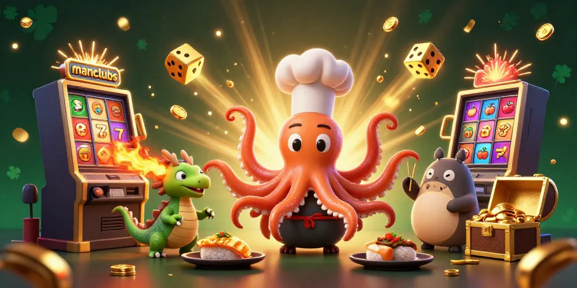 Engaging manclubs scene featuring a sushi chef octopus, a dragon, and a tanuki, celebrating casino wins.