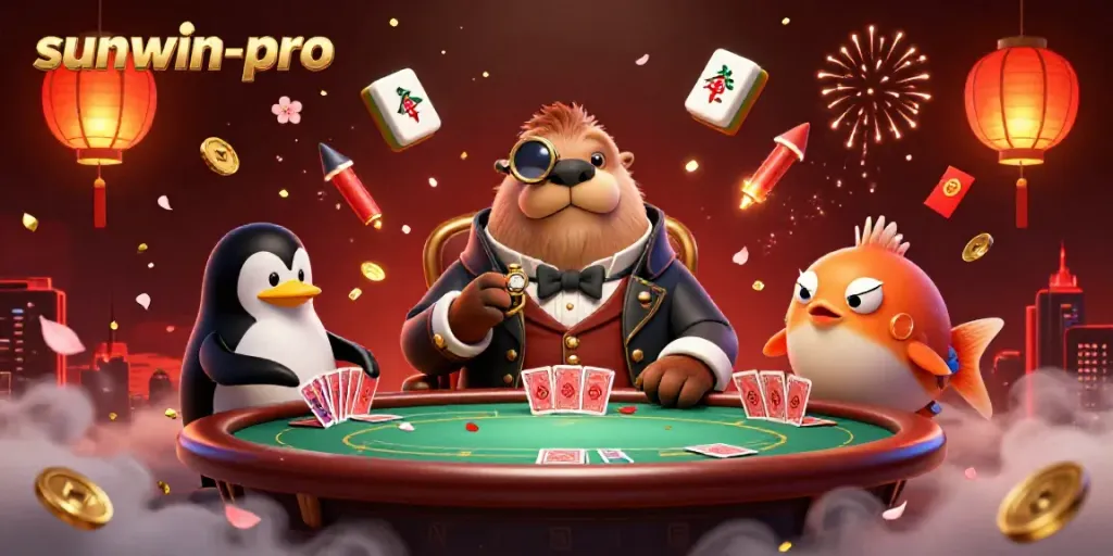 sunwin-pro poker game scene featuring a walrus, penguin dealer, and pufferfish bluffing