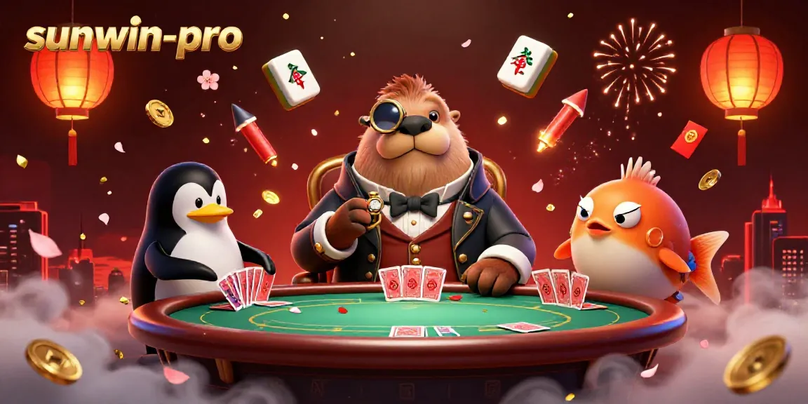 sunwin-pro poker game scene featuring a walrus, penguin dealer, and pufferfish bluffing