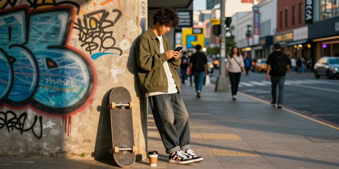 Stylish urban youth checking rokok88 promotions on smartphone against vibrant graffiti wall.