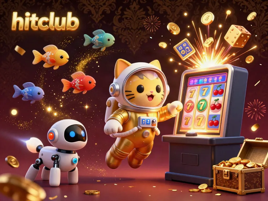 Experience jackpot excitement with hitclub, featuring a golden astronaut cat and vibrant game elements.