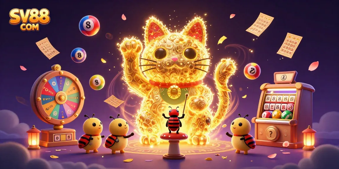 Engage with SV88 COM's dynamic golden lucky cat illustration in a vibrant casino setting.