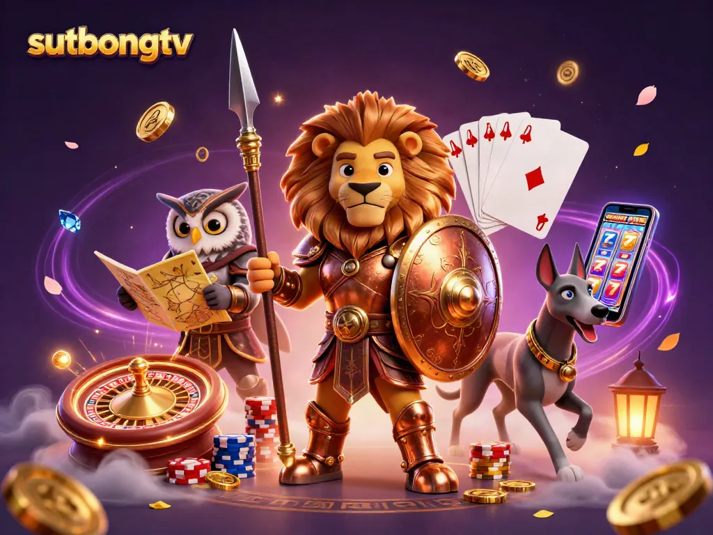 Sutbongtv showcases thrilling 3D casino action with a Spartan lion and vibrant game elements.