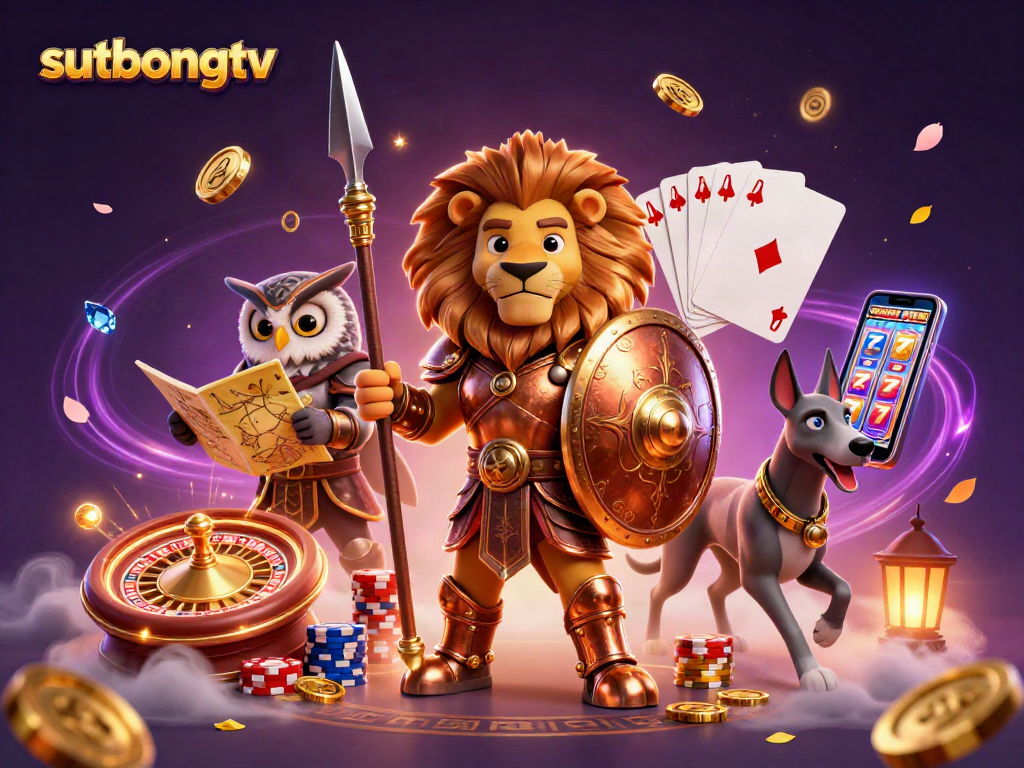 Sutbongtv showcases thrilling 3D casino action with a Spartan lion and vibrant game elements.