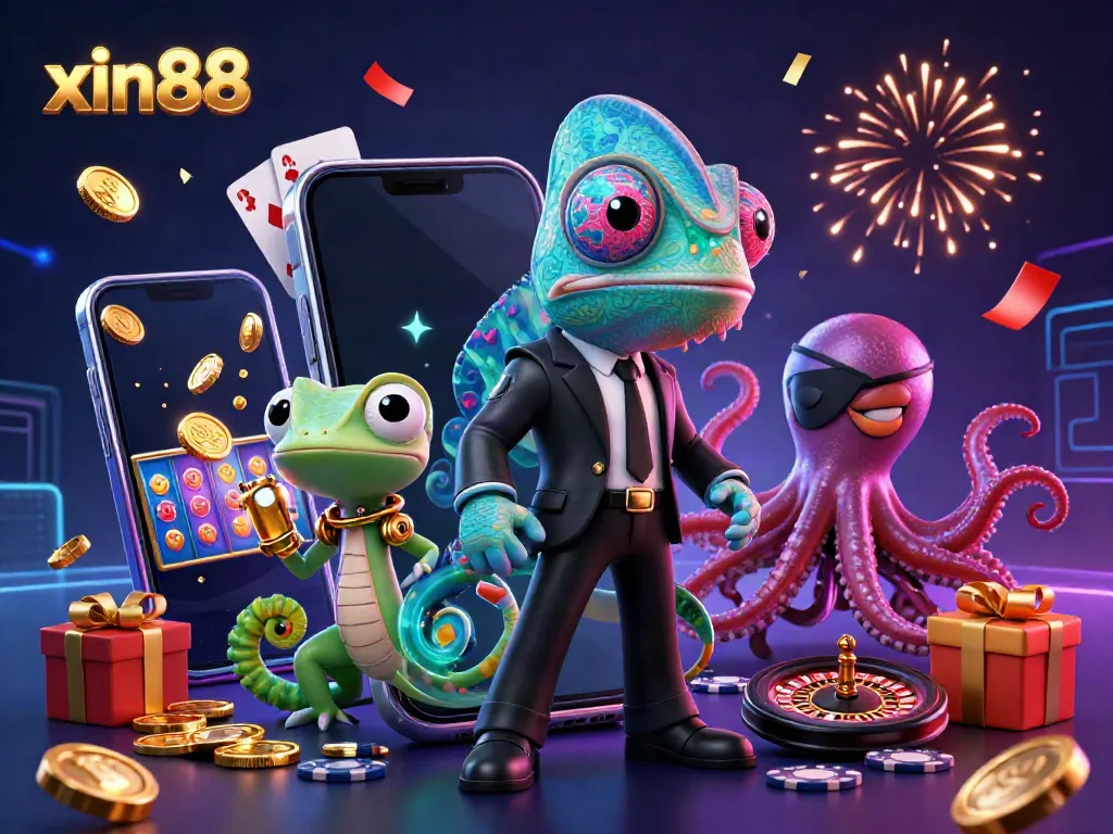 Experience vibrant xin88 gaming excitement with a thrilling 3D casino illustration featuring dynamic characters and elements.