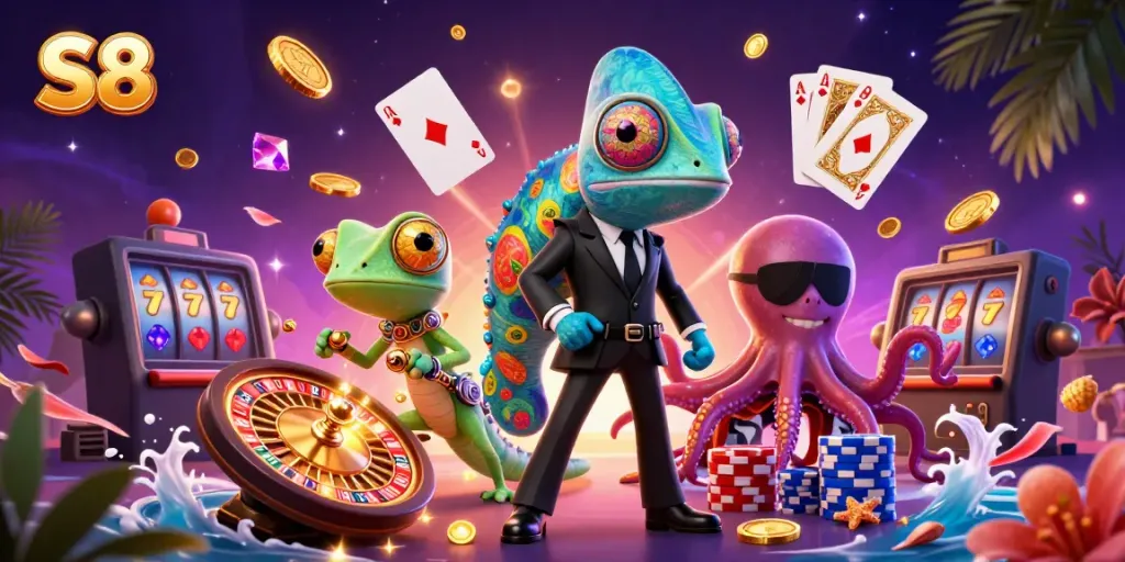 Experience the S8 casino world with a vibrant scene of colorful characters and dynamic gambling elements.