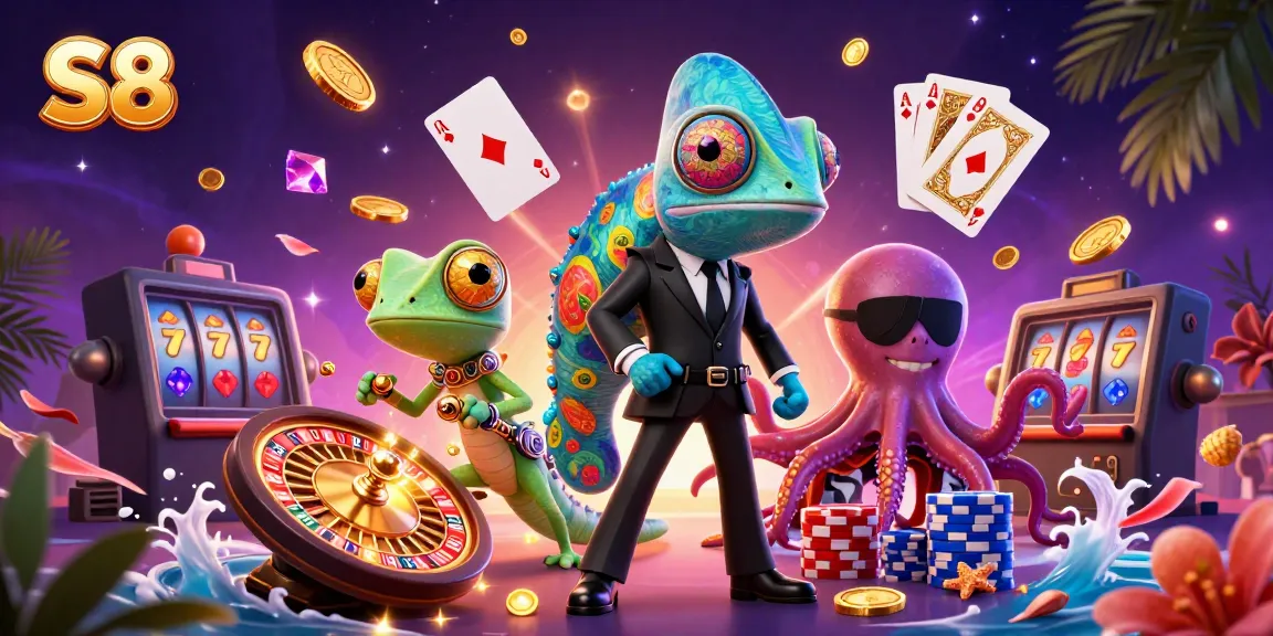 Experience the S8 casino world with a vibrant scene of colorful characters and dynamic gambling elements.