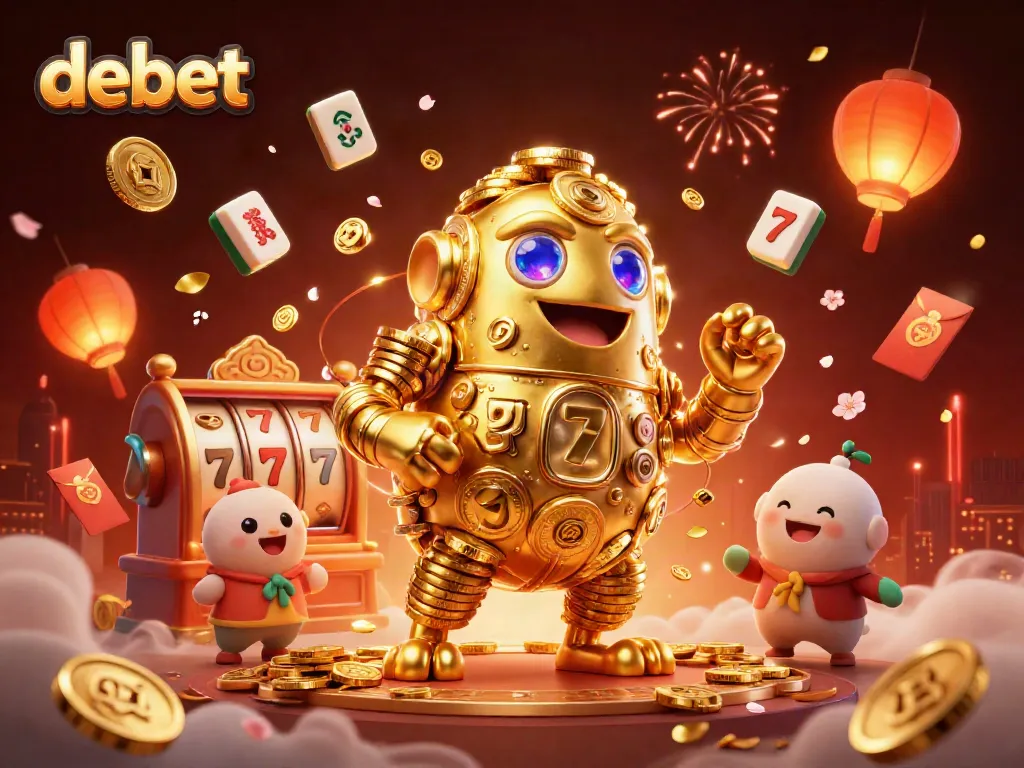 Experience thrilling wins with debet's captivating golden golem amidst vibrant slot and casino symbols.